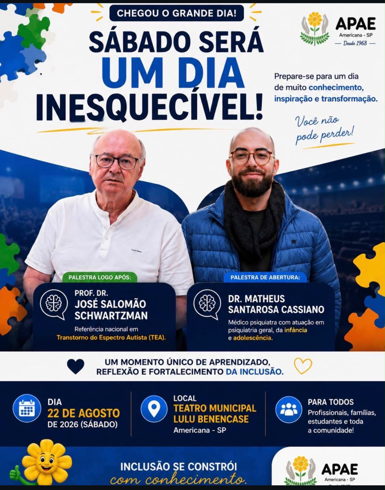 Arte de divulgação das palestras do Prof. Dr. José Salomão Schwartzman e do Dr. Matheus Santarosa Cassiano